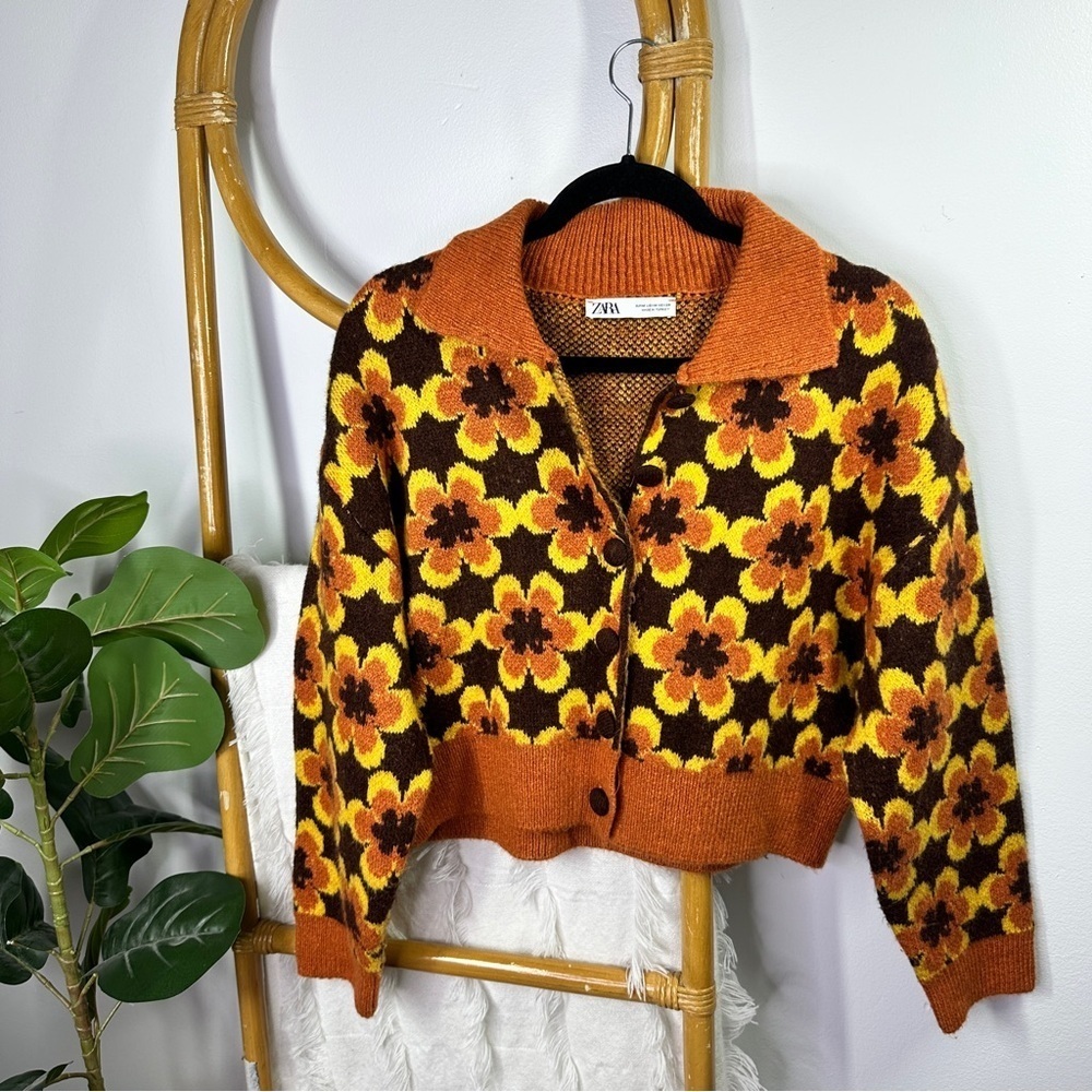 Zara Geometric Knit Jacquard Cropped Sweater Floral sz M - Picture 3 of 8